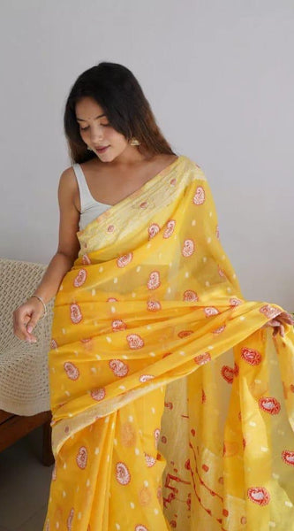 Exuberant Yellow Cotton Silk Saree With Incomparable Blouse Piece