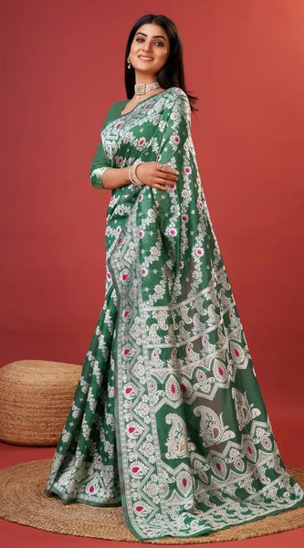 Enigmatic Green Cotton Silk Saree With Radiant Blouse Piece