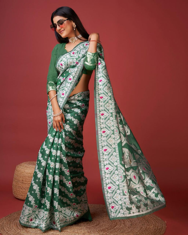 Enigmatic Green Cotton Silk Saree With Radiant Blouse Piece