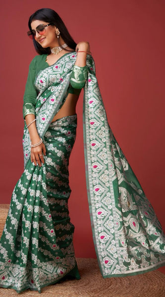 Enigmatic Green Cotton Silk Saree With Radiant Blouse Piece