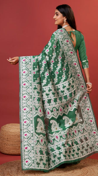 Enigmatic Green Cotton Silk Saree With Radiant Blouse Piece