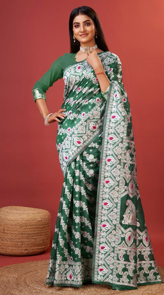 Enigmatic Green Cotton Silk Saree With Radiant Blouse Piece