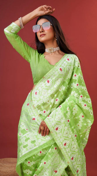 Aplomb Parrot Cotton Silk Saree With Lustrous Blouse Piece