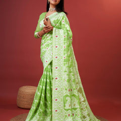 Aplomb Parrot Cotton Silk Saree With Lustrous Blouse Piece