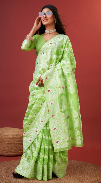 Aplomb Parrot Cotton Silk Saree With Lustrous Blouse Piece
