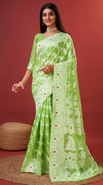 Aplomb Parrot Cotton Silk Saree With Lustrous Blouse Piece