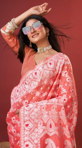 Vibrant Peach Cotton Silk Saree With Allure Blouse Piece
