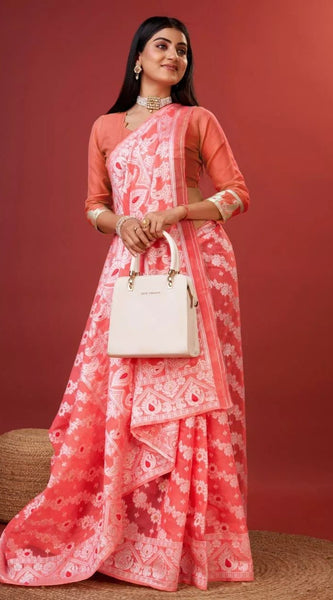 Vibrant Peach Cotton Silk Saree With Allure Blouse Piece