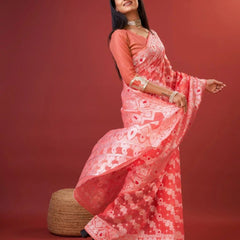 Vibrant Peach Cotton Silk Saree With Allure Blouse Piece