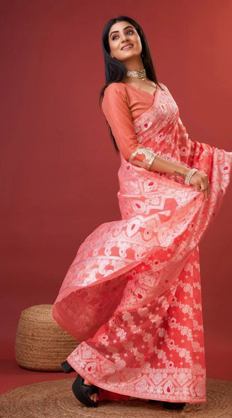 Vibrant Peach Cotton Silk Saree With Allure Blouse Piece