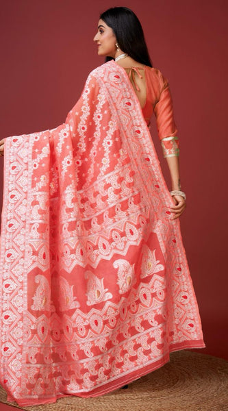 Vibrant Peach Cotton Silk Saree With Allure Blouse Piece