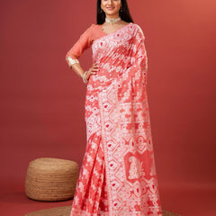 Vibrant Peach Cotton Silk Saree With Allure Blouse Piece