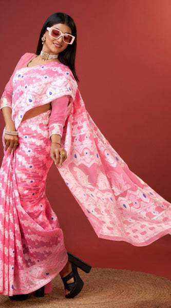Embellished Pink Cotton Silk Saree With Opulent Blouse Piece