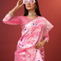 Embellished Pink Cotton Silk Saree With Opulent Blouse Piece