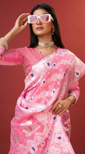 Embellished Pink Cotton Silk Saree With Opulent Blouse Piece
