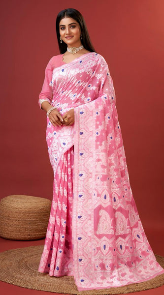Embellished Pink Cotton Silk Saree With Opulent Blouse Piece