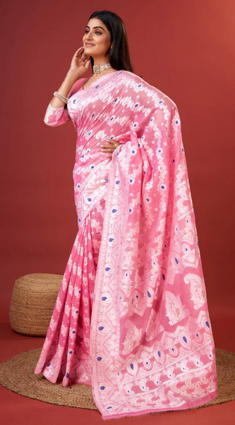 Embellished Pink Cotton Silk Saree With Opulent Blouse Piece