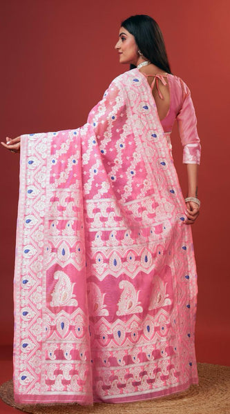 Embellished Pink Cotton Silk Saree With Opulent Blouse Piece