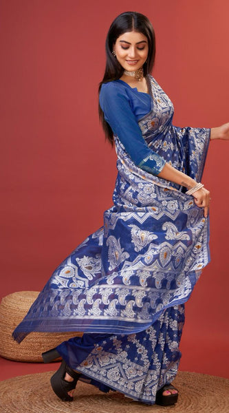 Radiant Royal Blue Cotton Silk Saree With Whimsical Blouse Piece