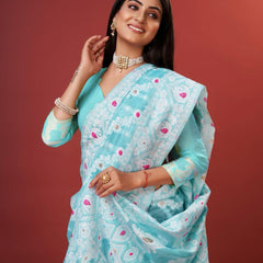 Rhapsody Sky Cotton Silk Saree With Grandiose Blouse Piece