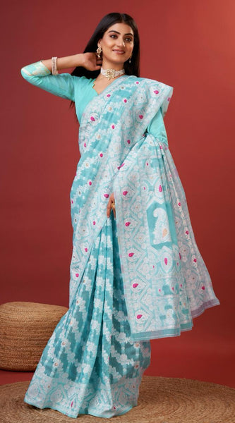 Rhapsody Sky Cotton Silk Saree With Grandiose Blouse Piece