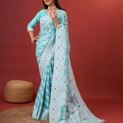 Rhapsody Sky Cotton Silk Saree With Grandiose Blouse Piece