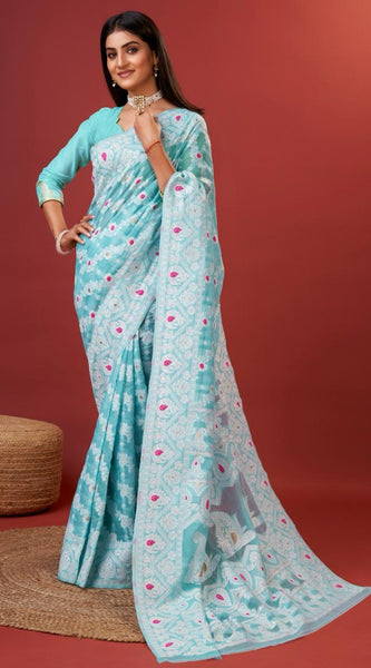 Rhapsody Sky Cotton Silk Saree With Grandiose Blouse Piece