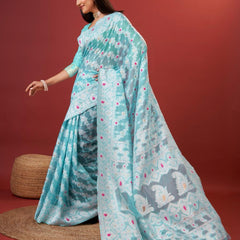 Rhapsody Sky Cotton Silk Saree With Grandiose Blouse Piece