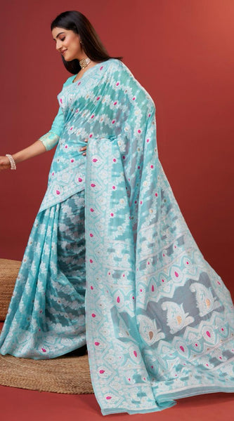 Rhapsody Sky Cotton Silk Saree With Grandiose Blouse Piece