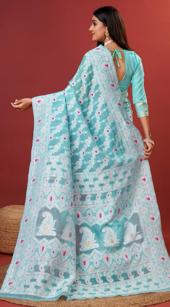 Rhapsody Sky Cotton Silk Saree With Grandiose Blouse Piece