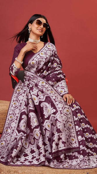 Sonorous Wine Cotton Silk Saree With Seraphic Blouse Piece