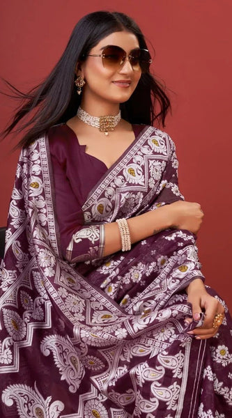 Sonorous Wine Cotton Silk Saree With Seraphic Blouse Piece