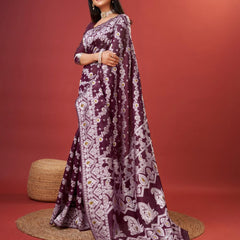 Sonorous Wine Cotton Silk Saree With Seraphic Blouse Piece