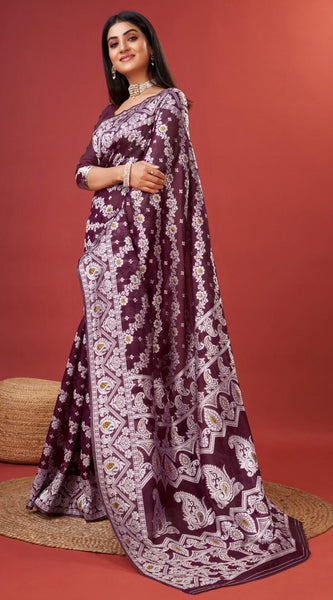 Sonorous Wine Cotton Silk Saree With Seraphic Blouse Piece
