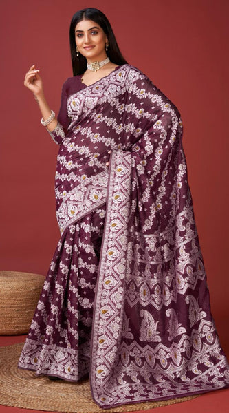 Sonorous Wine Cotton Silk Saree With Seraphic Blouse Piece