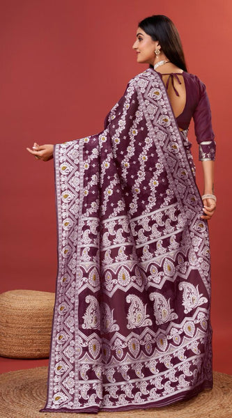 Sonorous Wine Cotton Silk Saree With Seraphic Blouse Piece