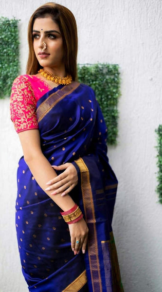 Designer Royal Blue Paithani Silk Saree With Flameboyant Blouse Piece