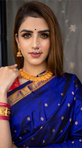 Designer Royal Blue Paithani Silk Saree With Flameboyant Blouse Piece