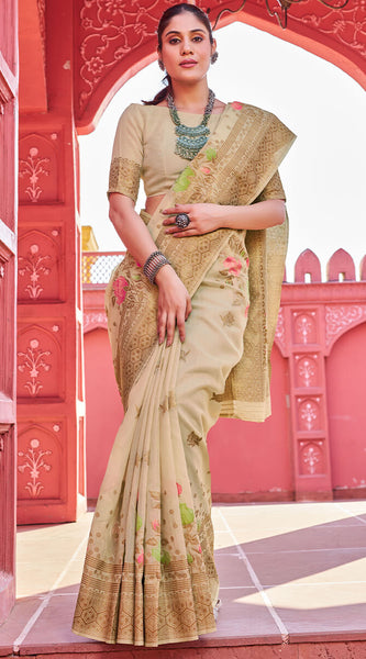 Invaluable Beige Cotton Silk Saree With Blooming Blouse Piece
