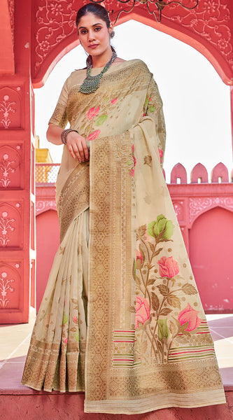 Invaluable Beige Cotton Silk Saree With Blooming Blouse Piece