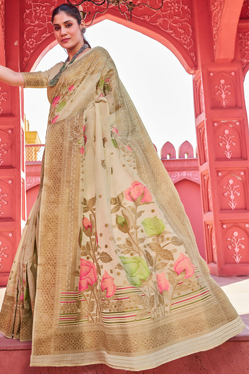 Invaluable Beige Cotton Silk Saree With Blooming Blouse Piece