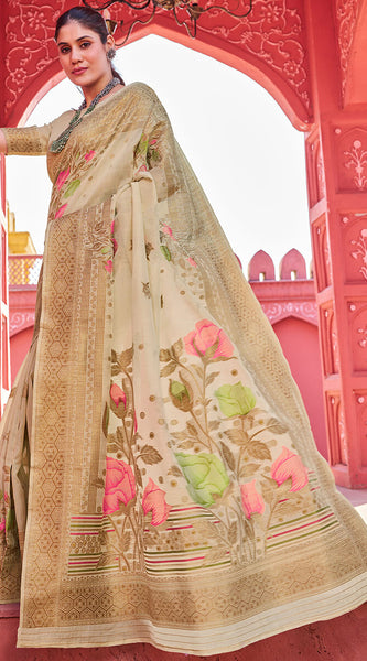 Invaluable Beige Cotton Silk Saree With Blooming Blouse Piece