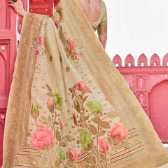 Invaluable Beige Cotton Silk Saree With Blooming Blouse Piece