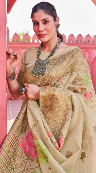 Invaluable Beige Cotton Silk Saree With Blooming Blouse Piece