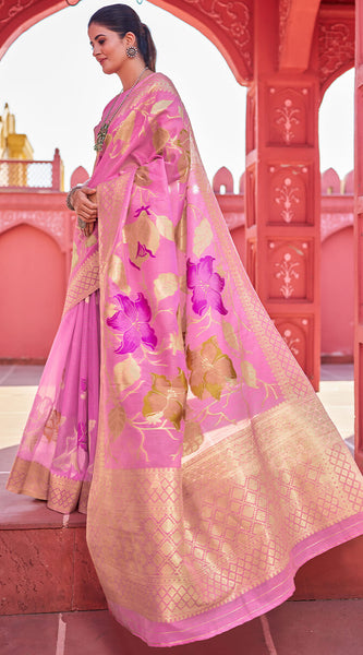 Comely Pink Cotton Silk Saree With Dalliance Blouse Piece