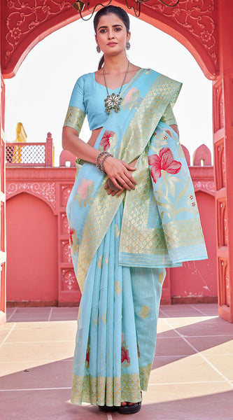 Lissome Sky Cotton Silk Saree With Serendipity Blouse Piece