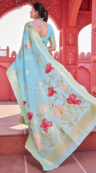 Lissome Sky Cotton Silk Saree With Serendipity Blouse Piece