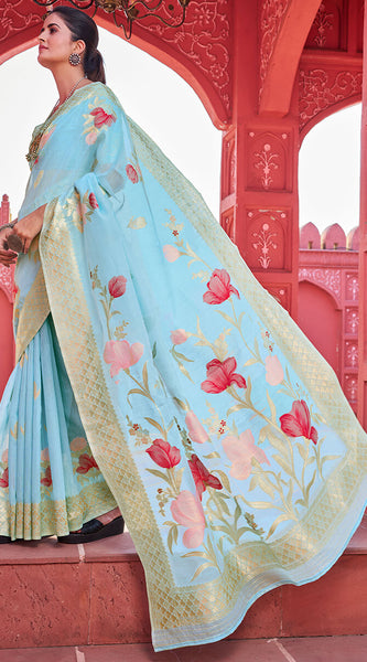 Lissome Sky Cotton Silk Saree With Serendipity Blouse Piece