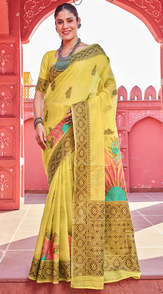 Splendiferous Yellow Cotton Silk Saree With Luxuriant Blouse Piece
