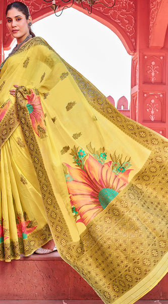 Splendiferous Yellow Cotton Silk Saree With Luxuriant Blouse Piece